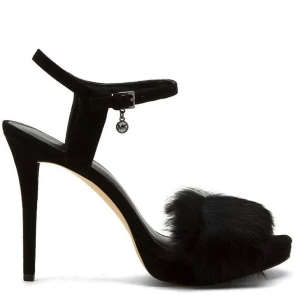 Michael Kors Black Faye Fur Suede Sandal Heels - Picture 8 of 8